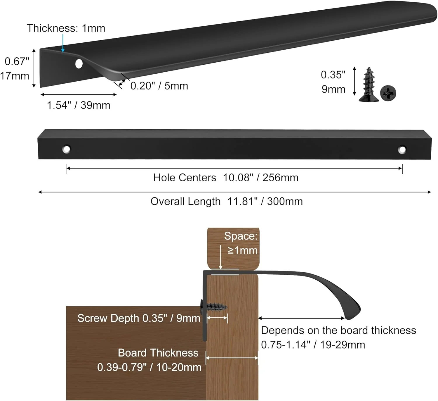 دستگیره مخفی لبه ای کابینت Malimali بسته 10 عددی، مشکی، طول 30 سانتیمتر، دستگیره کشو، دستگیره کابینت آشپزخانه، آلومینیوم مدرن، دستگیره مخفی برای درب کمد، مشکی مات