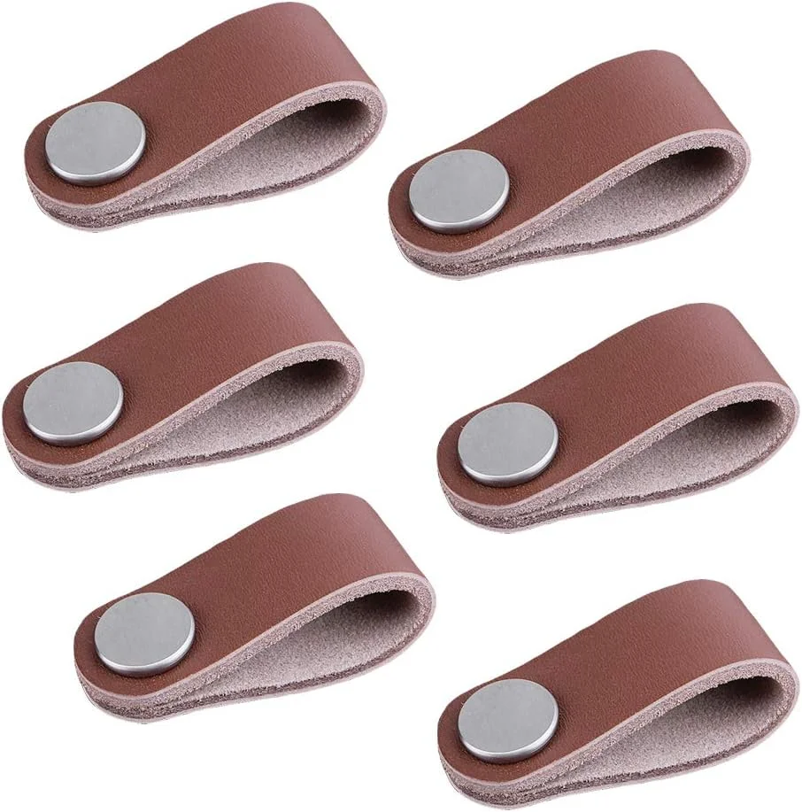 ست 6 عددی دستگیره چرمی درب مبلمان، دستگیره کششی به سبک مدرن اروپایی برای درها، کابینت ها، کمدهای لباس و چمدان (کوچک، قهوه ای)