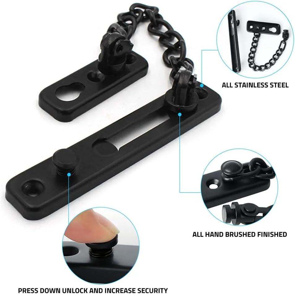 قفل زنجیری درب YARDHOBI، محافظ درب استیل ضد زنگ، قفل زنجیری درب با فنر ایمنی ضد سرقت، قفل زنجیری برای داخل درب و قفل اضافی درب ورودی، نصب آسان (مشکی مات)