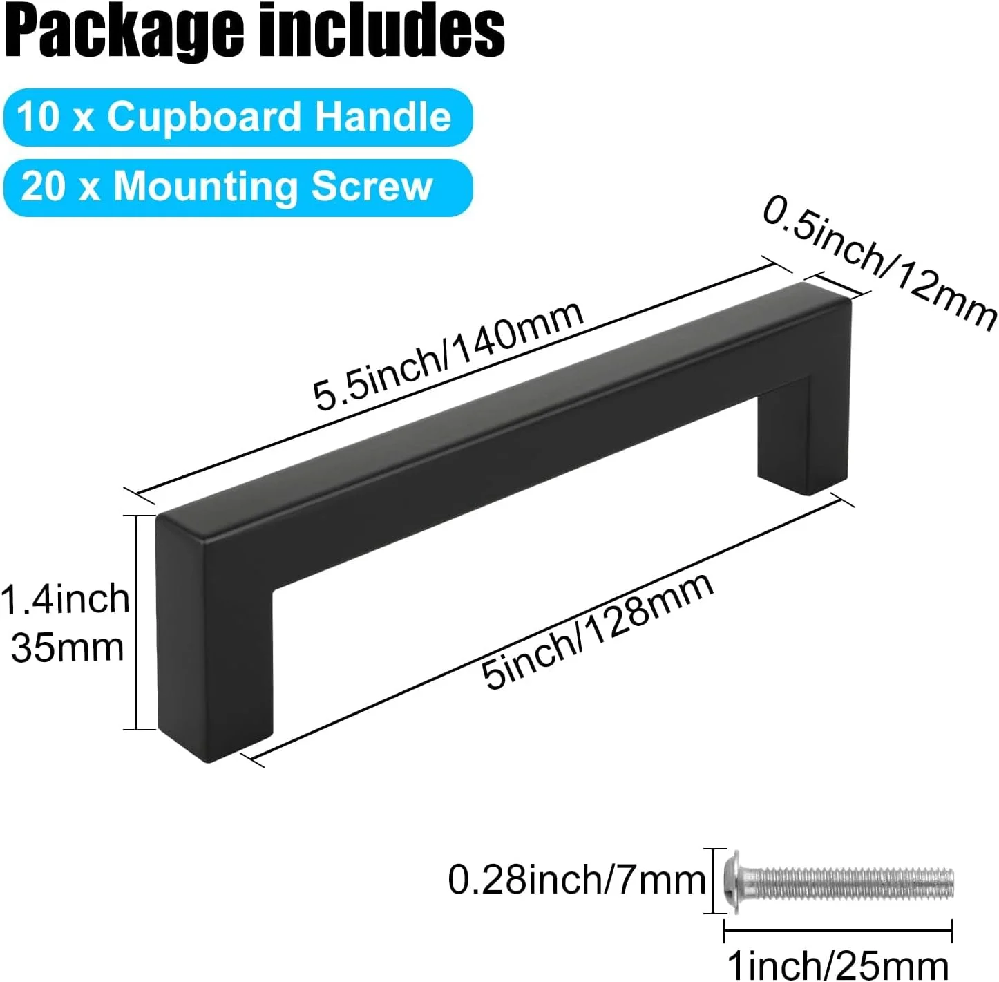 دستگیره کابینت آشپزخانه Lomeshow بسته 10 عددی، مرکز سوراخ 128 میلی متر دستگیره درب آشپزخانه استیل ضد زنگ، دستگیره مربعی کشو کابینت به طول 140 میلی متر با پیچ ​​برای کمد حمام، مشکی