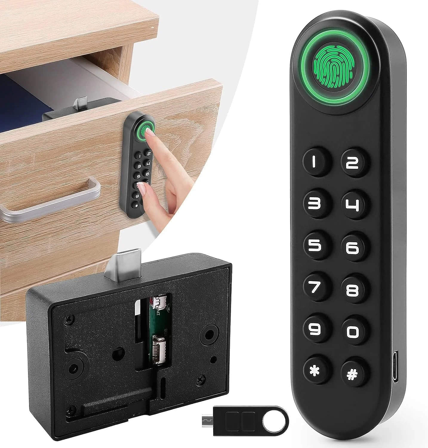 قفل اثر انگشتی هوشمند کابینت Admore | قفل الکترونیکی بدون کلید کشو با پشتیبان USB-C | قفل رمز عبور ترکیبی برای کمد لباس، کابینت و انباری منزل و اداره
