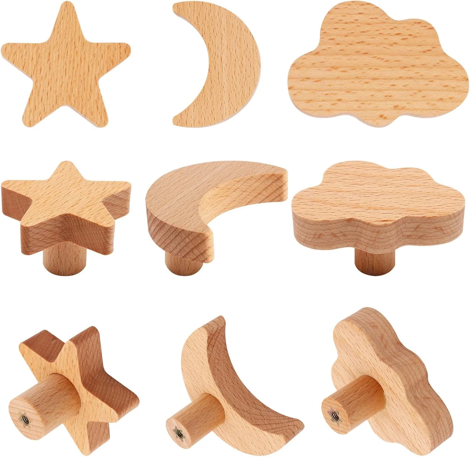 دستگیره کابینت چوبی YuGtcen، دستگیره کشو با طرح ستاره و ماه، دستگیره کمد کودکانه، دستگیره چوبی حیوانات جنگلی برای صنایع دستی، دستگیره برای مبلمان، کمد، درب کابینت (12 عدد، ماه ستاره ابر)