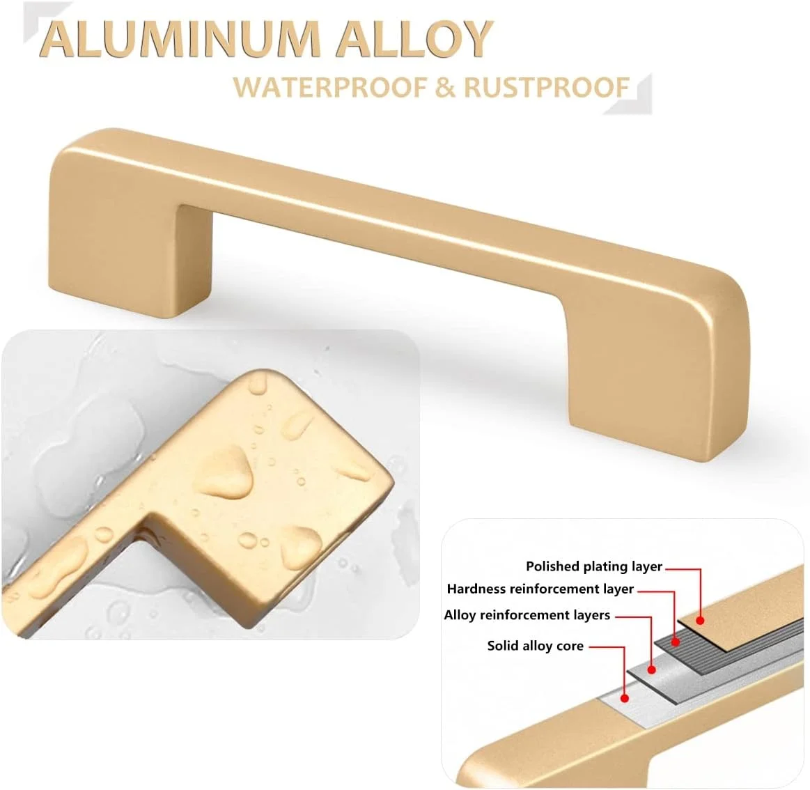 دستگیره کابینت طلایی YODB، 6 عددی، 96 میلی‌متری، دستگیره مدرن طلایی درب، دستگیره آلومینیومی کابینت، کشو، ست دستگیره مربعی مبلمان