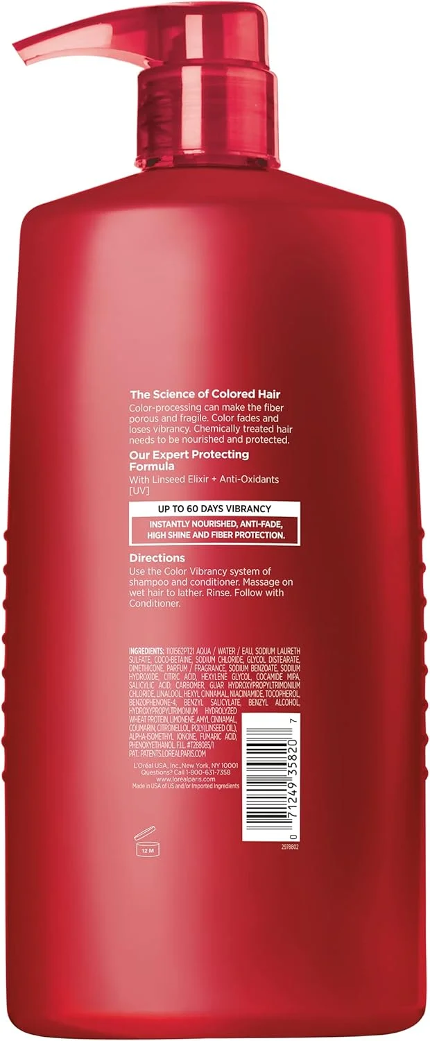 شامپو محافظ رنگ مو لورآل پاریس Elvive Color Vibrancy، برای موهای رنگ شده، شامپو با اکسیر دانه کتان و آنتی اکسیدان، برای ضد محو شدن، درخشش بالا و محافظت از رنگ، 828 میلی لیتر
