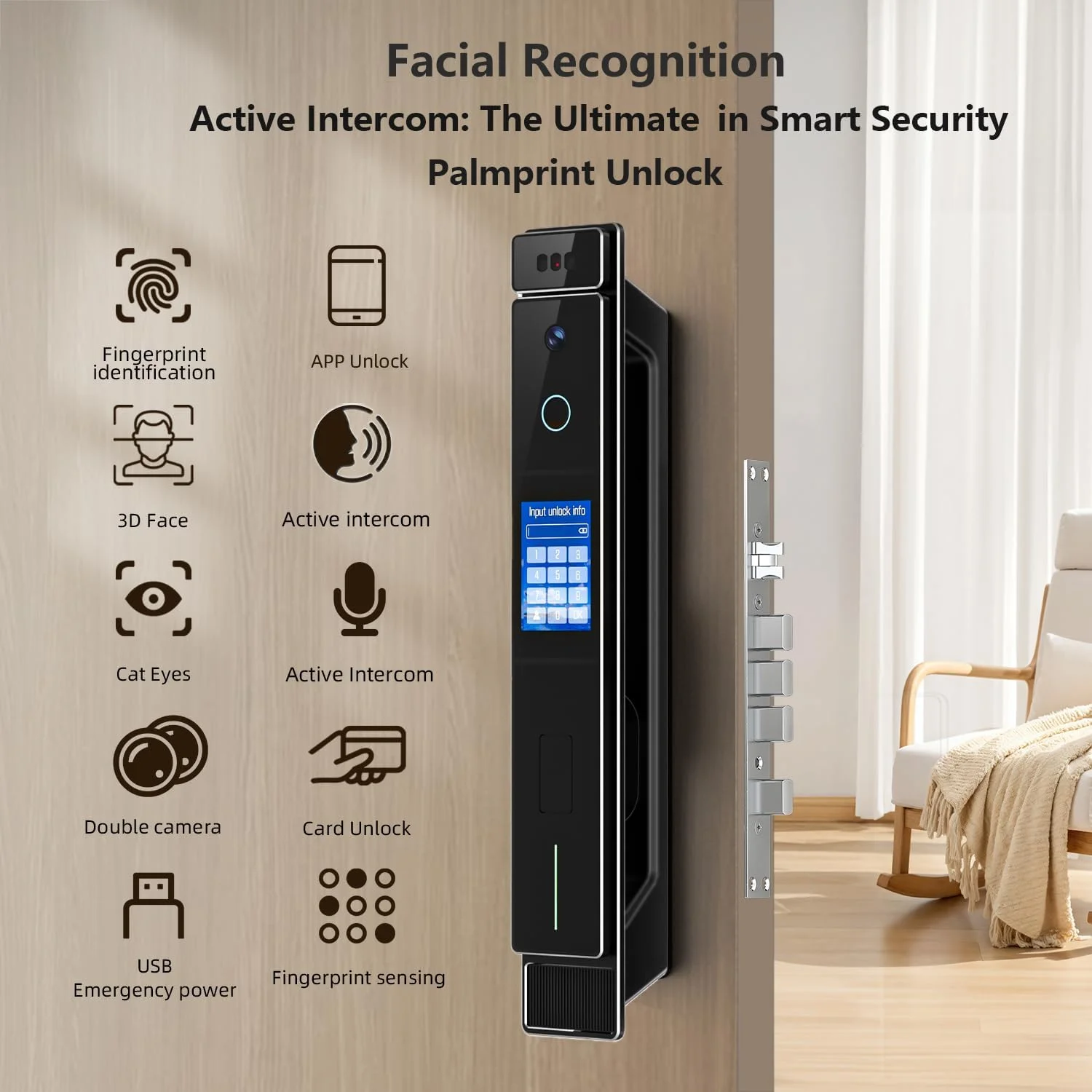 قفل هوشمند تیچوندریوس، پشتیبانی از زبان انگلیسی و عربی. WiFi با 2 دوربین فیلمبرداری، تماس ویدیویی، تشخیص چهره سه بعدی، اثر کف دست، صفحه کلید قفل بیومتریک، کنترل برنامه Jlink، با مورتس 6068 (JLDP)