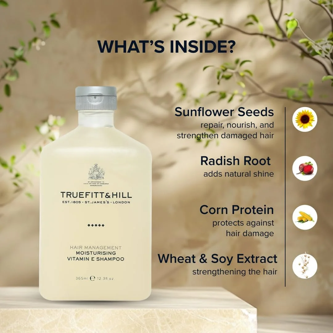 شامپو مرطوب کننده مو حاوی ویتامین E تروفیت اند هیل 365 میلی لیتر | مجموعه مدیریت موی ضروری برای آقایان | بهترین برای موهای خشک و آسیب دیده