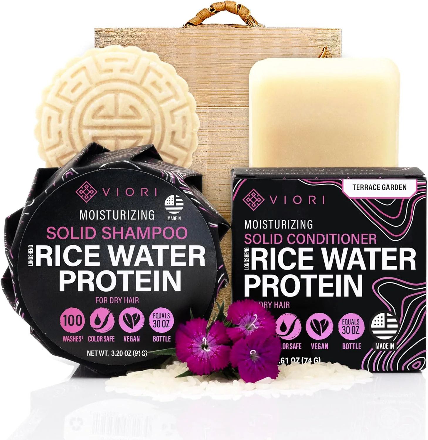 مجموعه شامپو و نرم کننده جامد باغ تراس VIORI و نگهدارنده بامبو - ساخته شده با آب برنج برای رشد مو - شامپو و نرم کننده دست ساز و بدون سولفات مجموعه شامپو و نرم کننده جامد باغ تراس VIORI و نگهدارنده بامبو - ساخته شده با آب برنج برای رشد مو - شامپو و نرم کننده دست ساز و بدون سولفات