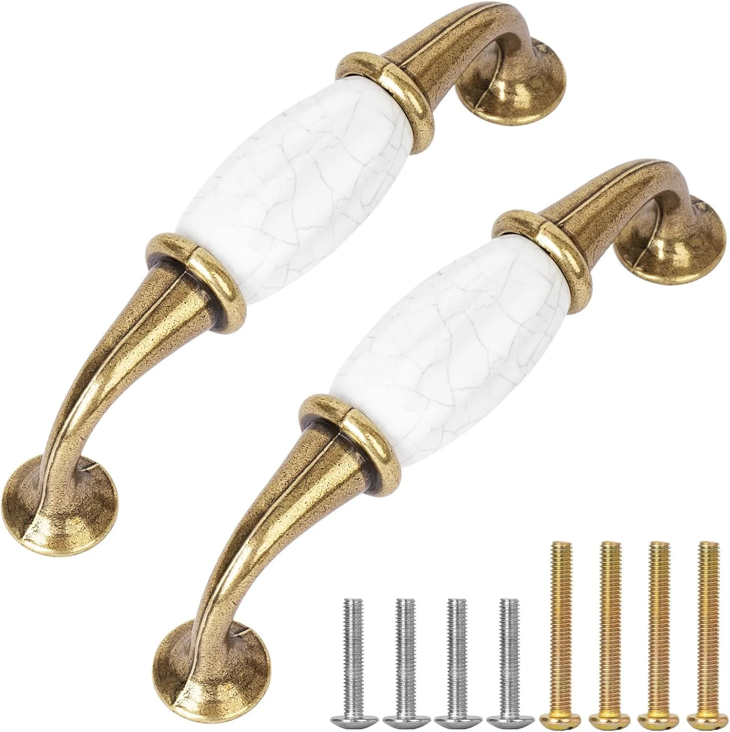 دستگیره کابینت سرامیکی Xisakaca، دستگیره کابینت به سبک فرانسوی 2 عدد، دستگیره کشو برنجی سرامیکی سفید عتیقه 3.7 اینچی با پیچ برای کمد، کشو، دراور