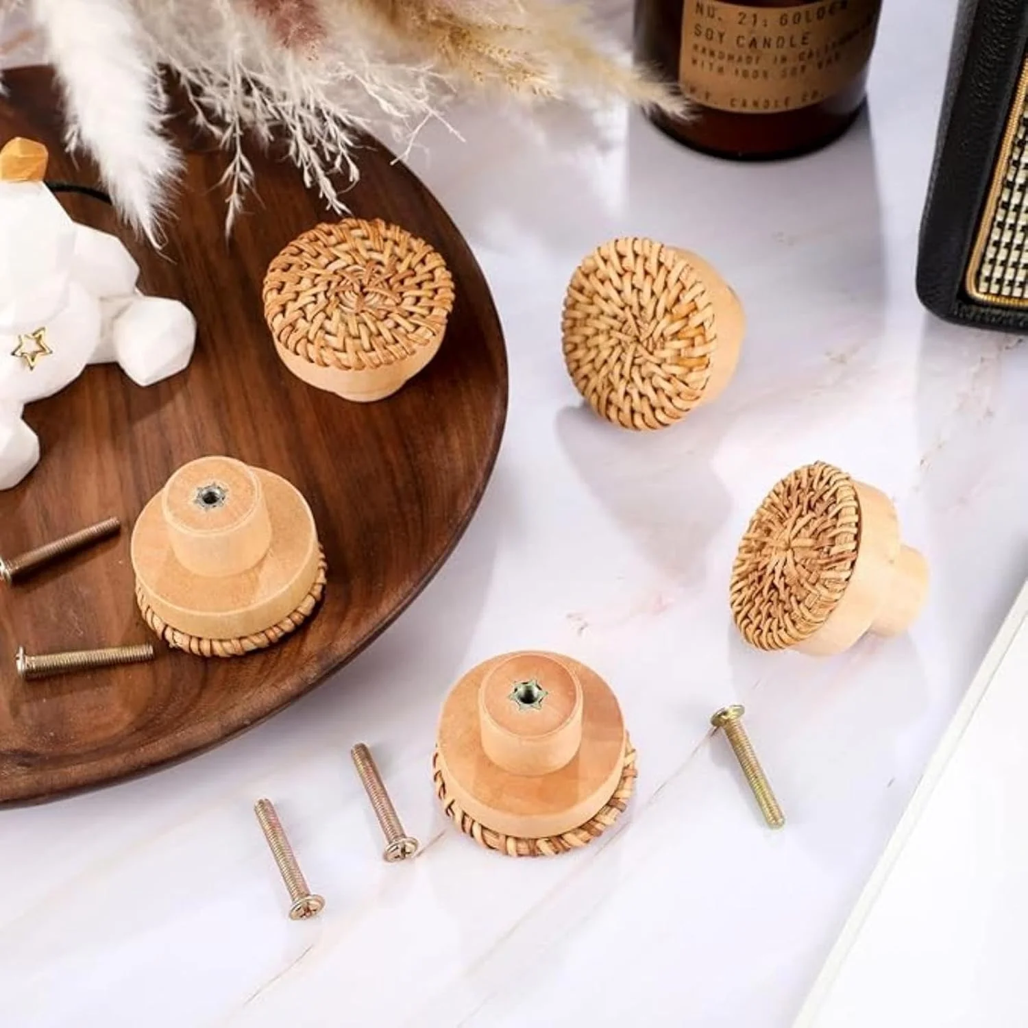 دستگیره های چوبی کشو یلاجوی - دستگیره های گرد بافته شده از جنس خیزران طبیعی با پیچ برای ارتقاء کابینت/کمد | دستگیره های سخت افزاری مبلمان قدیمی