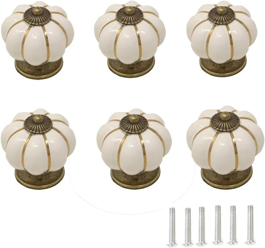 یوئتون 6 عددی دستگیره سرامیکی کدو تنبل رنگ کرمی، برنجی عتیقه، 40 میلی متری، مناسب کابینت آشپزخانه، کشو، کمد، درب های قدیمی و کلاسیک