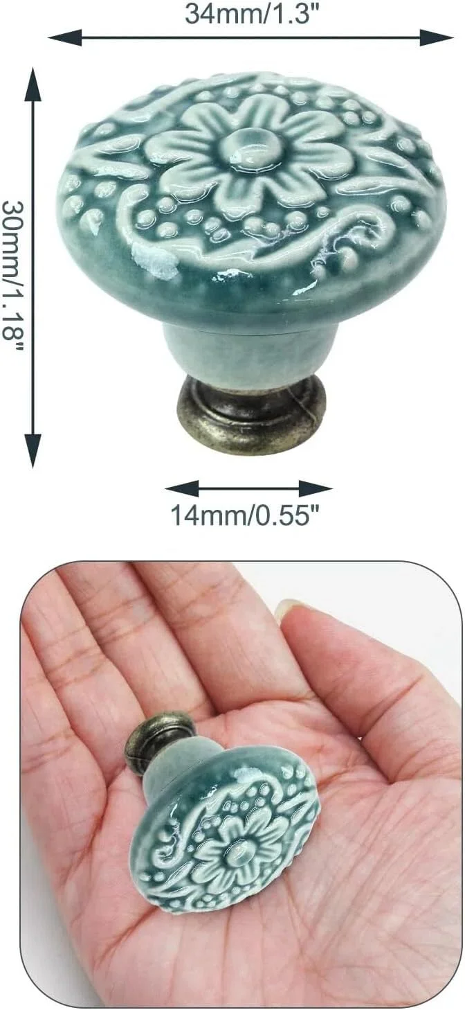 دسته کابینت سرامیکی سبز رنگ The White Shop، 8 عددی، دستگیره کشو طرح قدیمی، دستگیره گرد و تزئینی کمد و کابینت