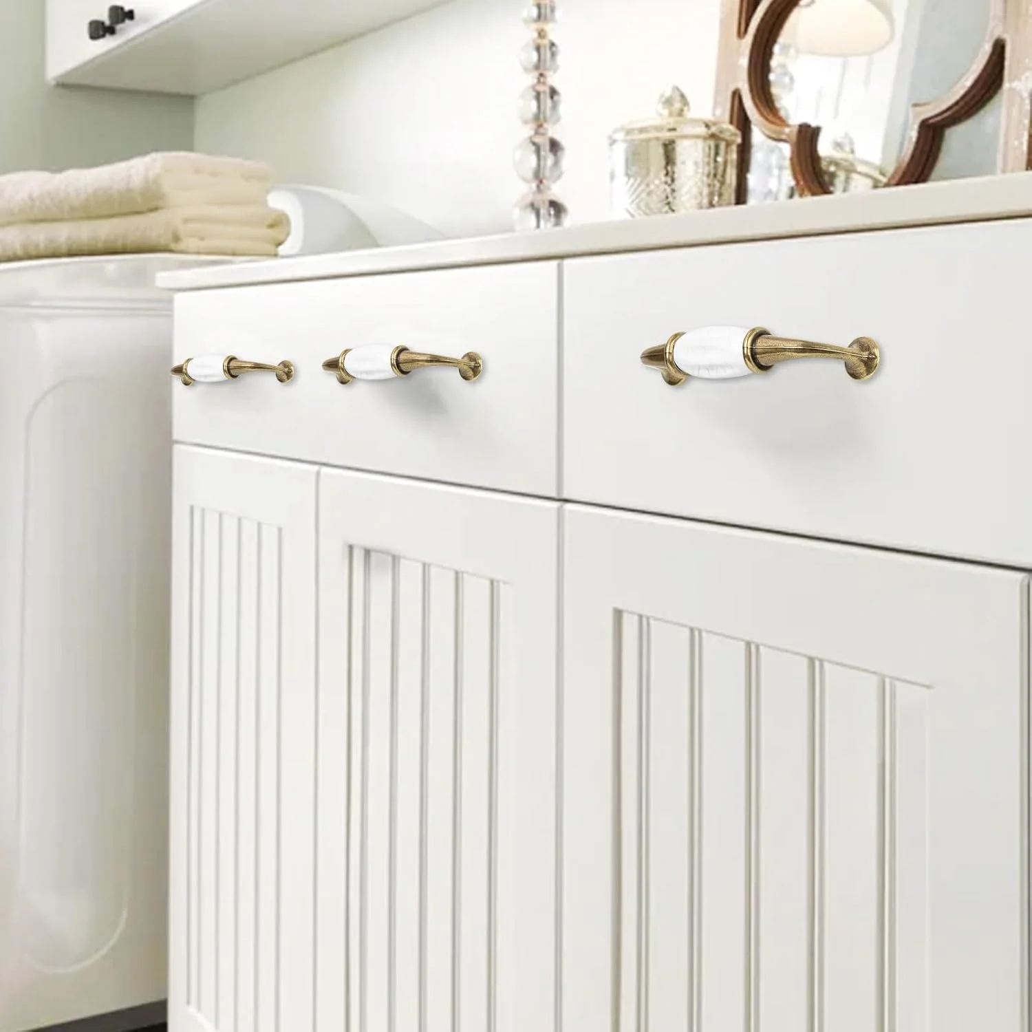 دستگیره کابینت سرامیکی Xisakaca، دستگیره کابینت به سبک فرانسوی 2 عدد، دستگیره کشو برنجی سرامیکی سفید عتیقه 3.7 اینچی با پیچ برای کمد، کشو، دراور