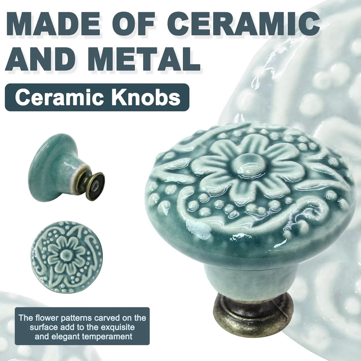 دسته کابینت سرامیکی سبز رنگ The White Shop، 8 عددی، دستگیره کشو طرح قدیمی، دستگیره گرد و تزئینی کمد و کابینت