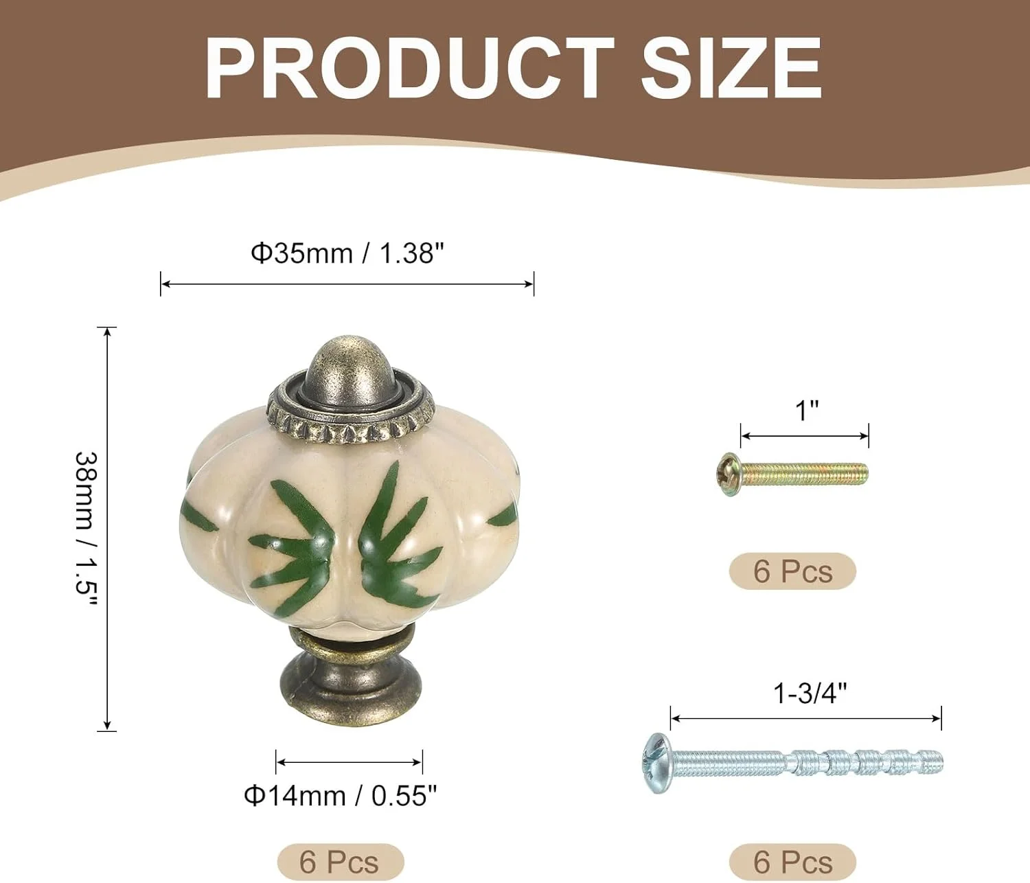 سورسینگ مپ 6 عدد دستگیره سرامیکی، 35 میلی متر / 1.38 اینچ دستگیره کدو تنبل برای کابینت، کشو، دستگیره های کشو با پیچ ​​برای مبلمان اتاق خواب، کمد، برگ های سبز