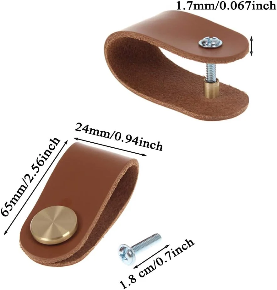 دستگیره چرمی کشو VIDELLY، بسته 6 عددی، دست ساز، دستگیره درب کمد و دراور، همراه با پیچ، خاکی