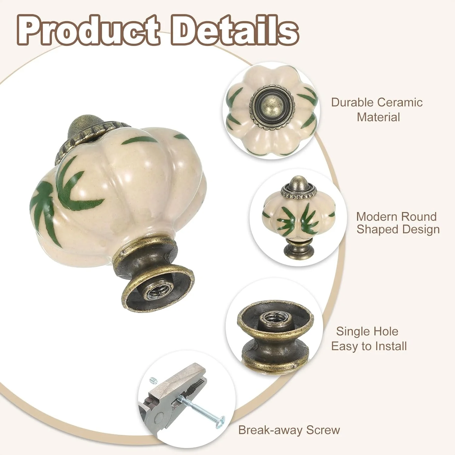 سورسینگ مپ 6 عدد دستگیره سرامیکی، 35 میلی متر / 1.38 اینچ دستگیره کدو تنبل برای کابینت، کشو، دستگیره های کشو با پیچ ​​برای مبلمان اتاق خواب، کمد، برگ های سبز