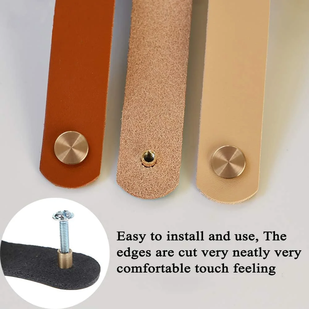 دستگیره چرمی کشو VIDELLY، بسته 6 عددی، دست ساز، دستگیره درب کمد و دراور، همراه با پیچ، خاکی