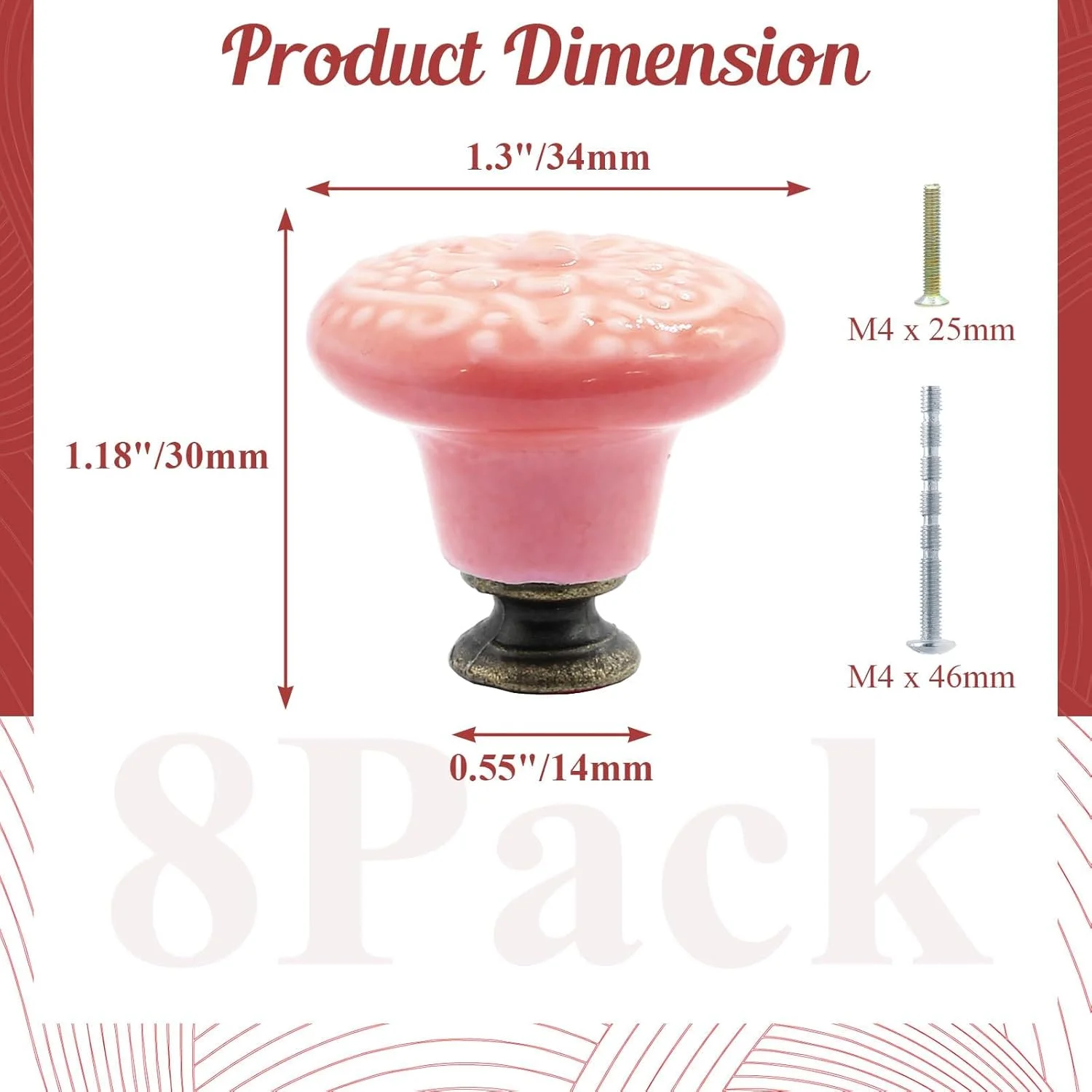 دستگیره سرامیکی صورتی تزویق، 8 عددی، دستگیره کشو کمد، دستگیره کابینت آشپزخانه قدیمی، دستگیره های تزئینی کشو برای کمد، کابینت، دستگیره درب مبلمان