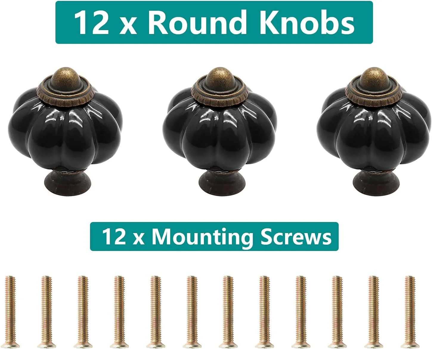 سیمنیر 12 عدد دستگیره کدو تنبل مشکی، دستگیره کابینت سرامیکی وینتیج، دستگیره کمد، دستگیره کشو، دستگیره درب، دستگیره های کشو، دستگیره های کمد به همراه پیچ های نصب