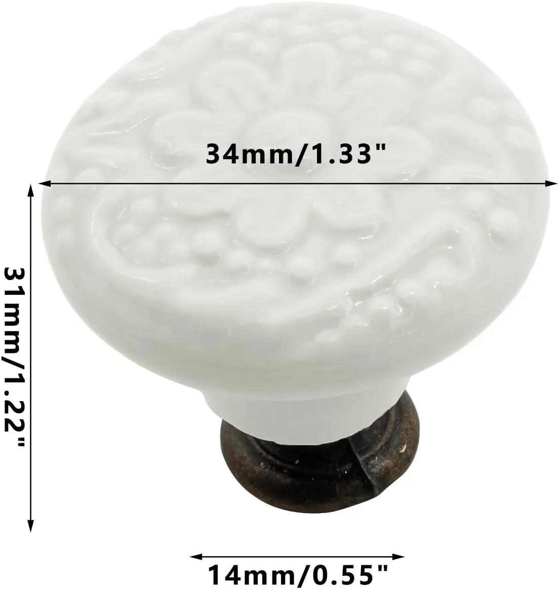 دستگیره سرامیکی 12 عددی Unlorspy، قطر 34 میلی متر، دستگیره کابینت سرامیکی طرح گل، دستگیره های تزئینی گرد، دستگیره کشو، دستگیره های تک با پیچ ​​برای کابینت مبلمان (سفید)