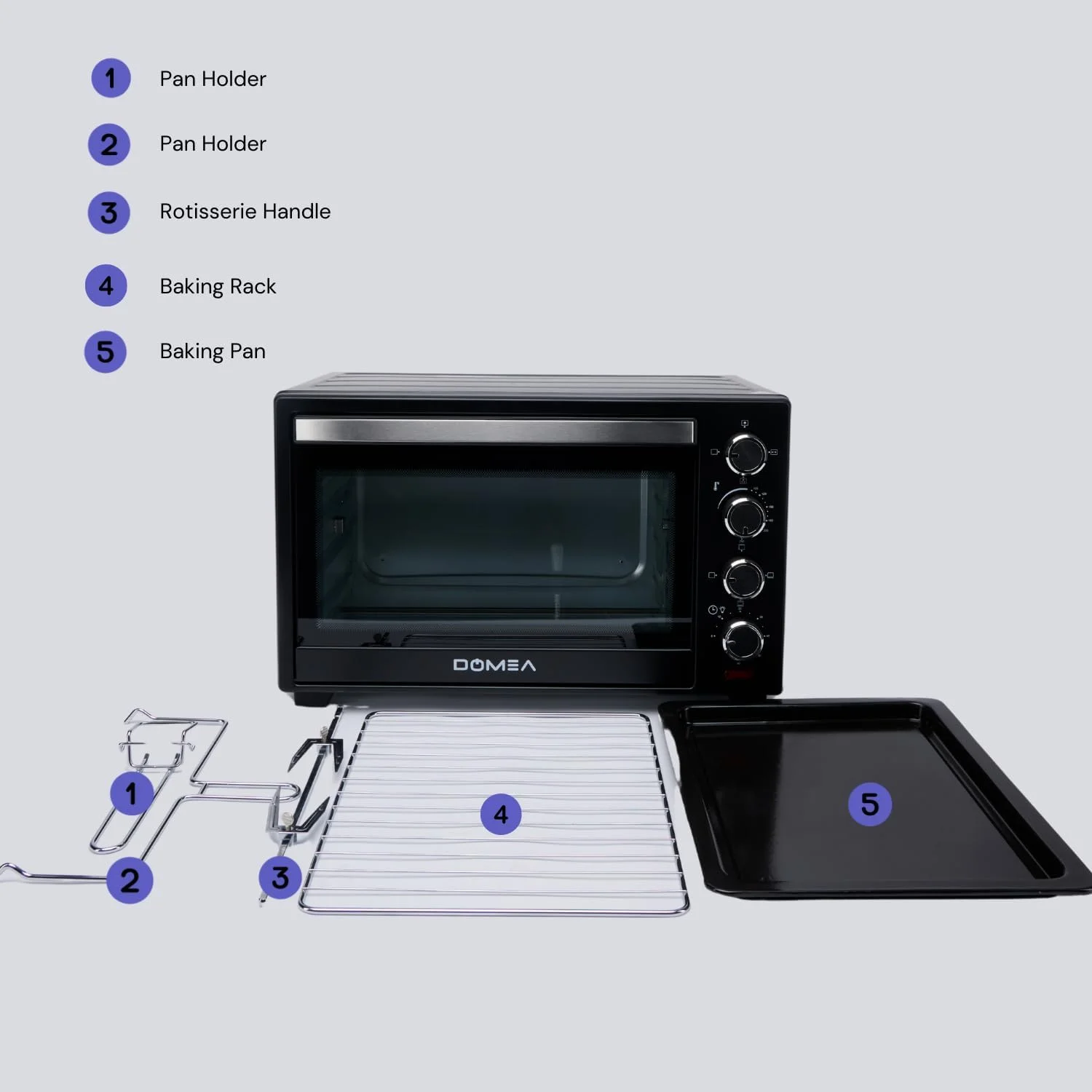 توستر برقی DOMEA با ظرفیت 40 لیتر، دارای جوجه گردان و کانوکشن، فر رومیزی، دمای قابل تنظیم (100-250 درجه سانتیگراد)، تایمر 60 دقیقه ای، برای تست کردن، پخت، بریان کردن و گریل کردن، 1600 وات، مشکی