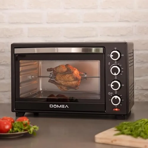 توستر برقی DOMEA با ظرفیت 40 لیتر، دارای جوجه گردان و کانوکشن، فر رومیزی، دمای قابل تنظیم (100-250 درجه سانتیگراد)، تایمر 60 دقیقه ای، برای تست کردن، پخت، بریان کردن و گریل کردن، 1600 وات، مشکی