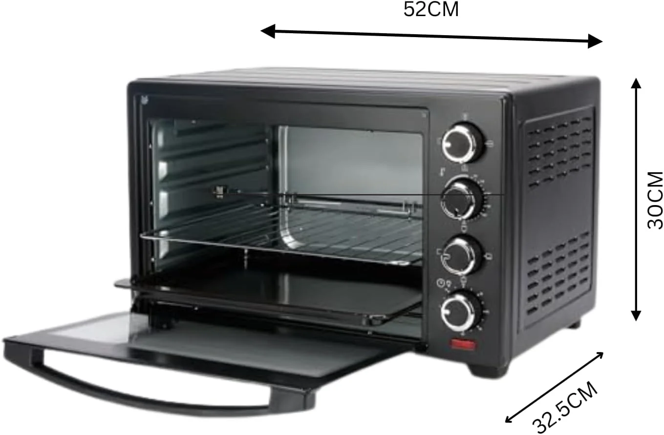 توستر برقی DOMEA با ظرفیت 40 لیتر، دارای جوجه گردان و کانوکشن، فر رومیزی، دمای قابل تنظیم (100-250 درجه سانتیگراد)، تایمر 60 دقیقه ای، برای تست کردن، پخت، بریان کردن و گریل کردن، 1600 وات، مشکی