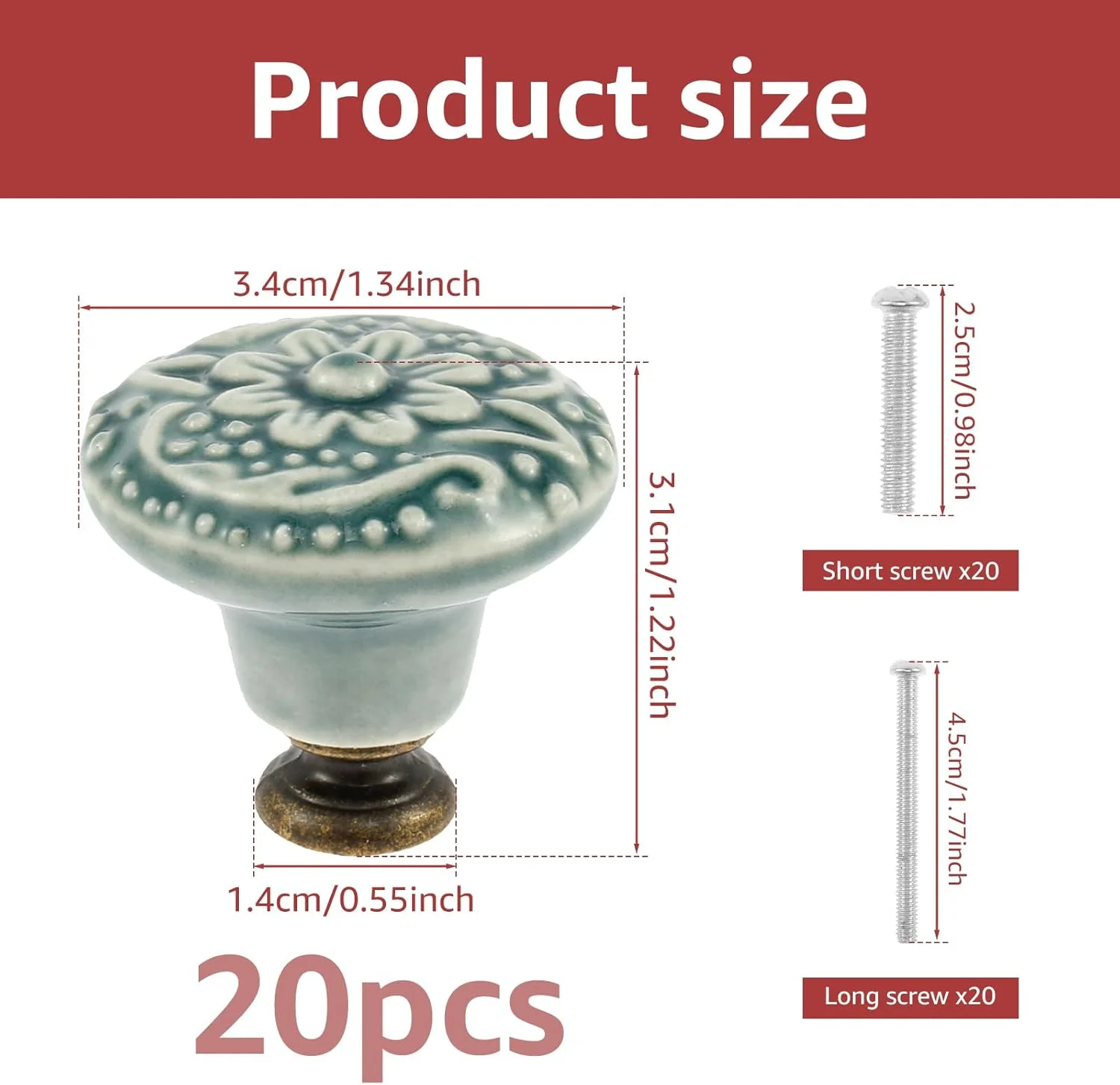 مجموعه دستگیره سرامیکی شائوجیان 20 عددی، دستگیره های کشو طرح قدیمی، دستگیره های تزئینی کابینت آشپزخانه همراه با پیچ، دستگیره های گرد عتیقه کمد، دستگیره های کشویی برای کمد، کابینت، مبلمان (سبز)