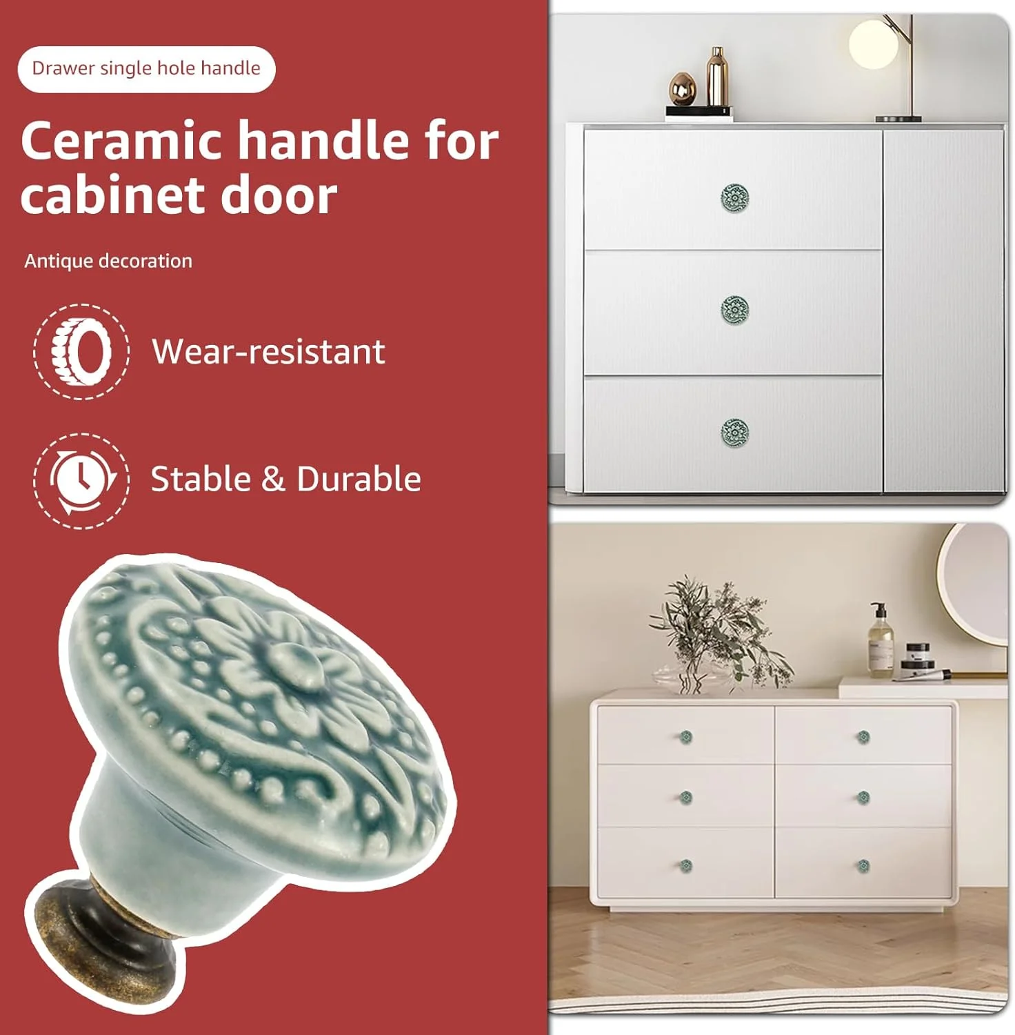 مجموعه دستگیره سرامیکی شائوجیان 20 عددی، دستگیره های کشو طرح قدیمی، دستگیره های تزئینی کابینت آشپزخانه همراه با پیچ، دستگیره های گرد عتیقه کمد، دستگیره های کشویی برای کمد، کابینت، مبلمان (سبز)