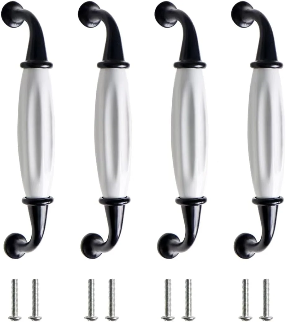 Qaixwuyi 4 عدد دستگیره مبلمان سرامیکی عتیقه، دستگیره کابینت سرامیکی، دستگیره کشو سفید مشکی آلیاژ روی سرامیکی Qaixwuyi 4 عدد دستگیره مبلمان سرامیکی عتیقه، دستگیره کابینت سرامیکی، دستگیره کشو سفید مشکی آلیاژ روی سرامیکی