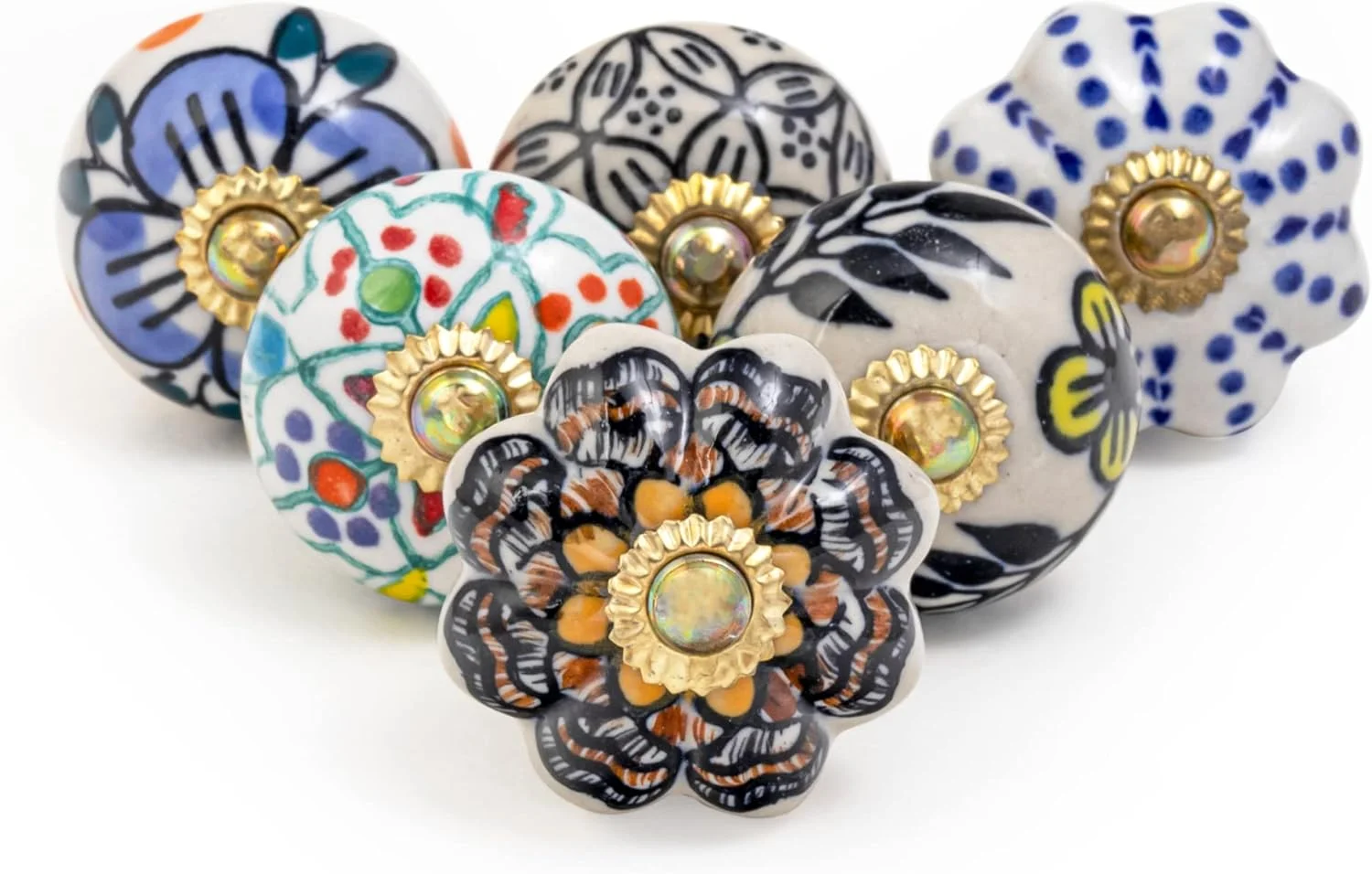RAJRANG BRINGING RAJASTHAN TO YOU دستگیره های سرامیکی چند رنگ برای کشو، کمد آشپزخانه، دستگیره کابینت با گل سفالی برنجی برای حمام، کمد لباس، ست 6 عددی