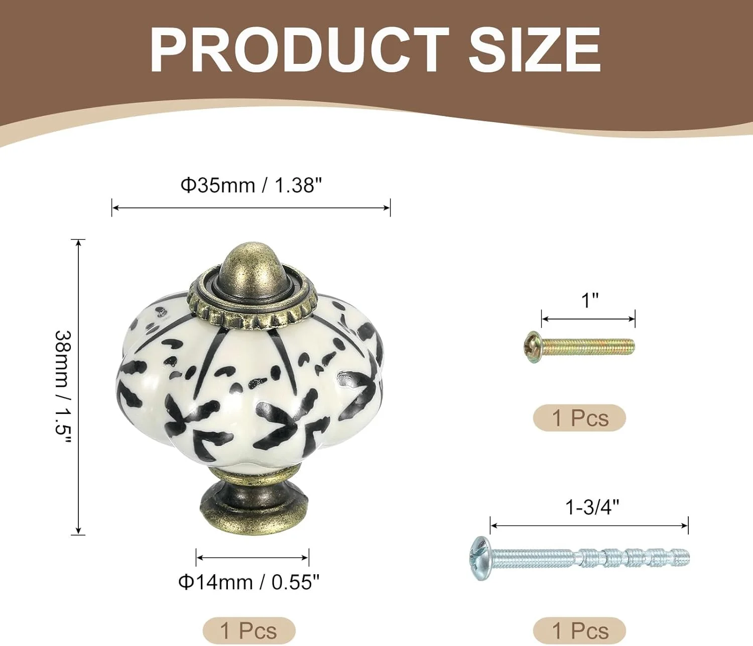 دستگیره سرامیکی QUARKZMAN، 35 میلی متر / 1.38 اینچ، دستگیره کدو تنبل کابینت، دستگیره کشو، دستگیره های کشو وینتیج با پیچ برای میز آرایش، مبلمان اتاق خواب، کابینت، مشکی