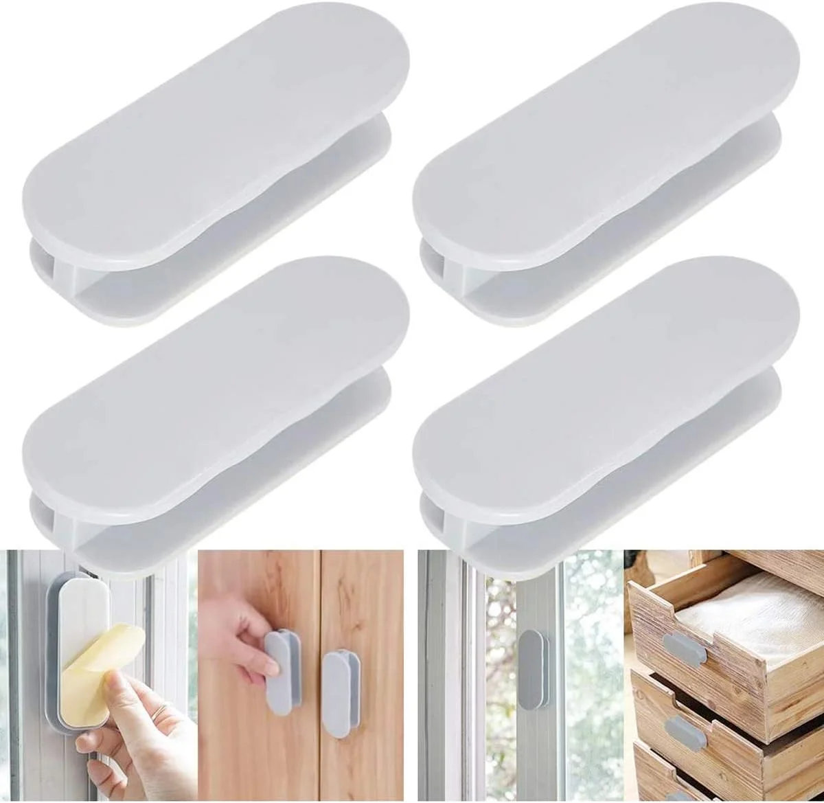 دستگیره کابینت خود چسب رومانل، 4 عدد دستگیره فوری کشو - دستگیره انسانی برای دستگیره های کابینت آشپزخانه، پنجره، درب کشویی، کمد لباس - دستگیره های کمکی فشاری کششی - سفید