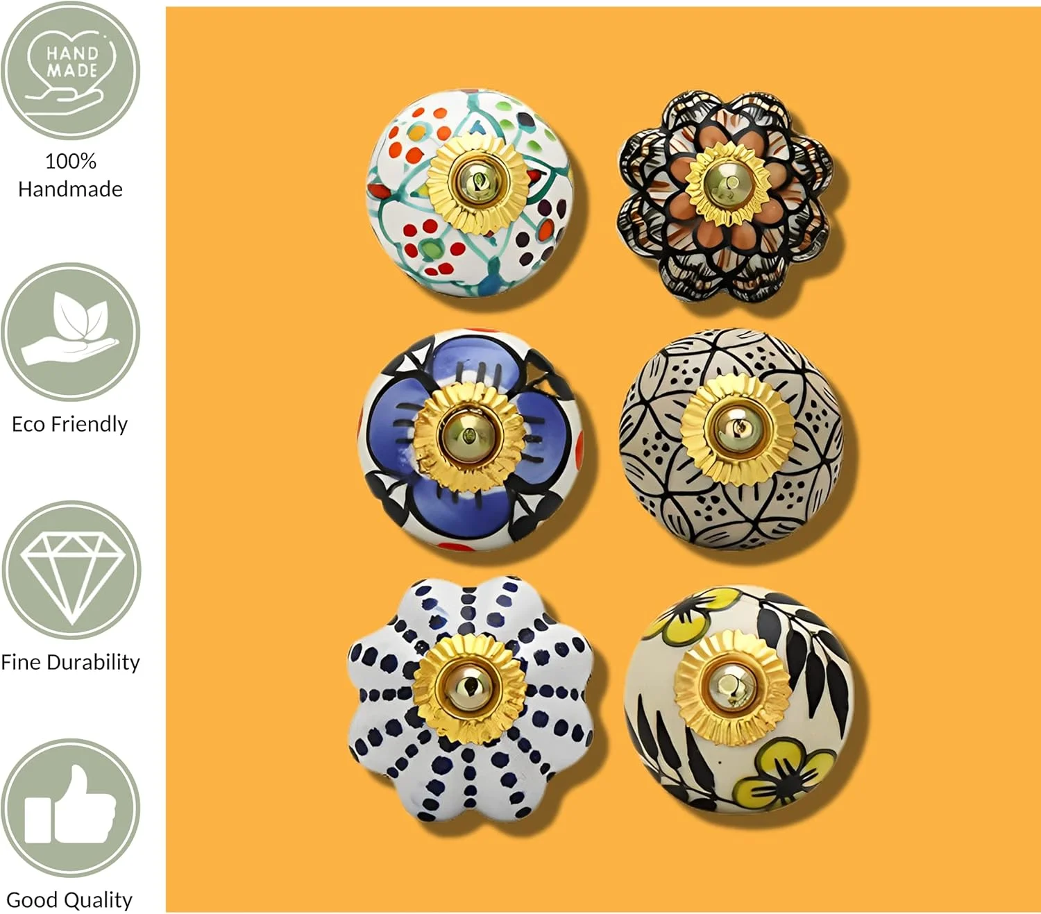RAJRANG BRINGING RAJASTHAN TO YOU دستگیره های سرامیکی چند رنگ برای کشو، کمد آشپزخانه، دستگیره کابینت با گل سفالی برنجی برای حمام، کمد لباس، ست 6 عددی