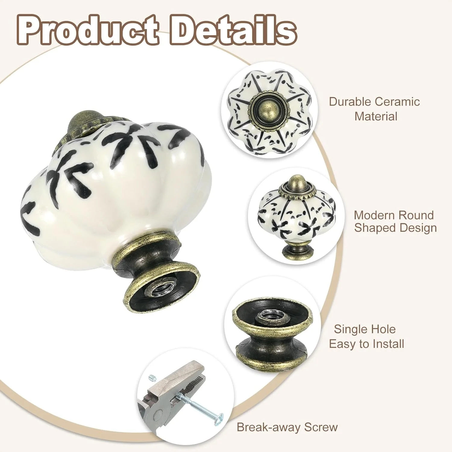 دستگیره سرامیکی QUARKZMAN، 35 میلی متر / 1.38 اینچ، دستگیره کدو تنبل کابینت، دستگیره کشو، دستگیره های کشو وینتیج با پیچ برای میز آرایش، مبلمان اتاق خواب، کابینت، مشکی