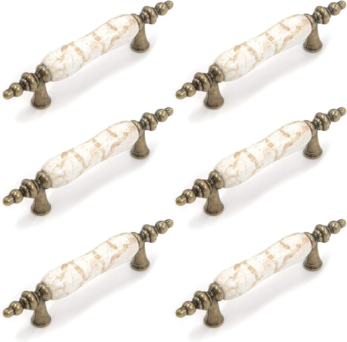 دستگیره سرامیکی میرونی با فاصله مرکز سوراخ 3 اینچ، طرح سنگ مرمر، دستگیره کشو، دستگیره گرانیتی قهوه ای عتیقه برای کابینت آشپزخانه، بسته 6 عددی همراه با پیچ