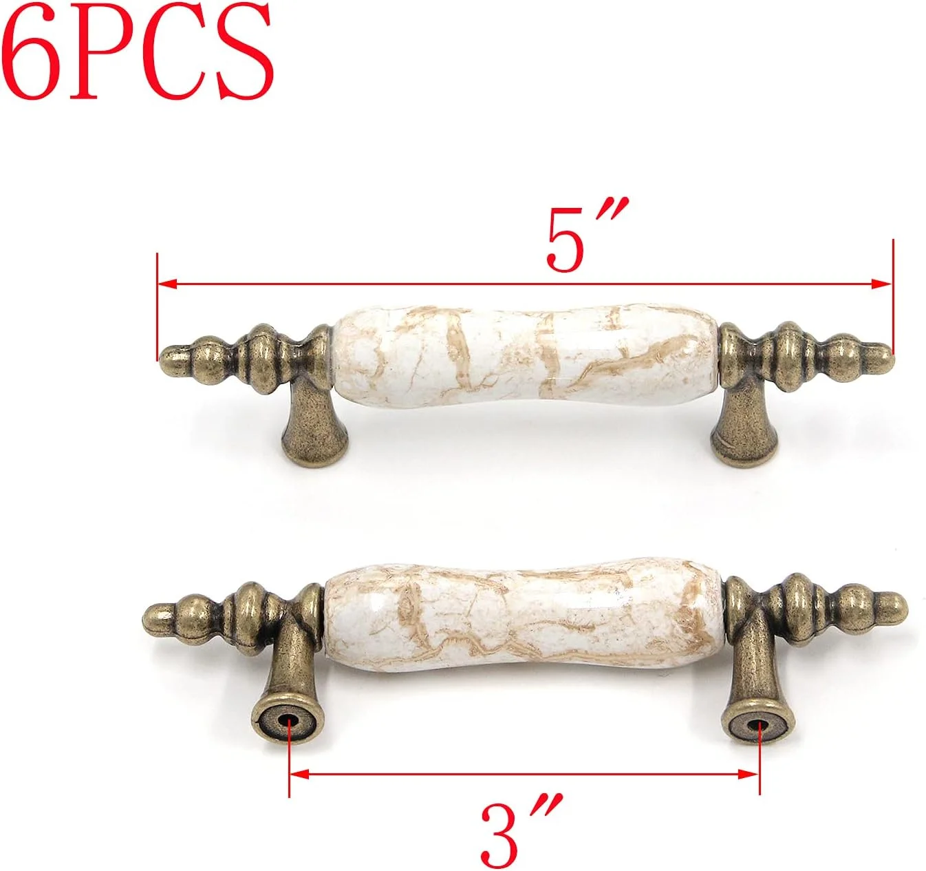 دستگیره سرامیکی میرونی با فاصله مرکز سوراخ 3 اینچ، طرح سنگ مرمر، دستگیره کشو، دستگیره گرانیتی قهوه ای عتیقه برای کابینت آشپزخانه، بسته 6 عددی همراه با پیچ