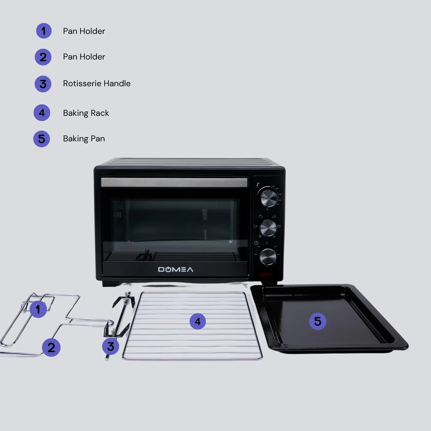 فر برقی توستر DOMEA، 25 لیتری، فر رومیزی با جوجه گردان | دارای سینی گریل و پخت، دمای قابل تنظیم | برای تست کردن، پخت، برشته کردن و گریل کردن، 1600 وات، مشکی