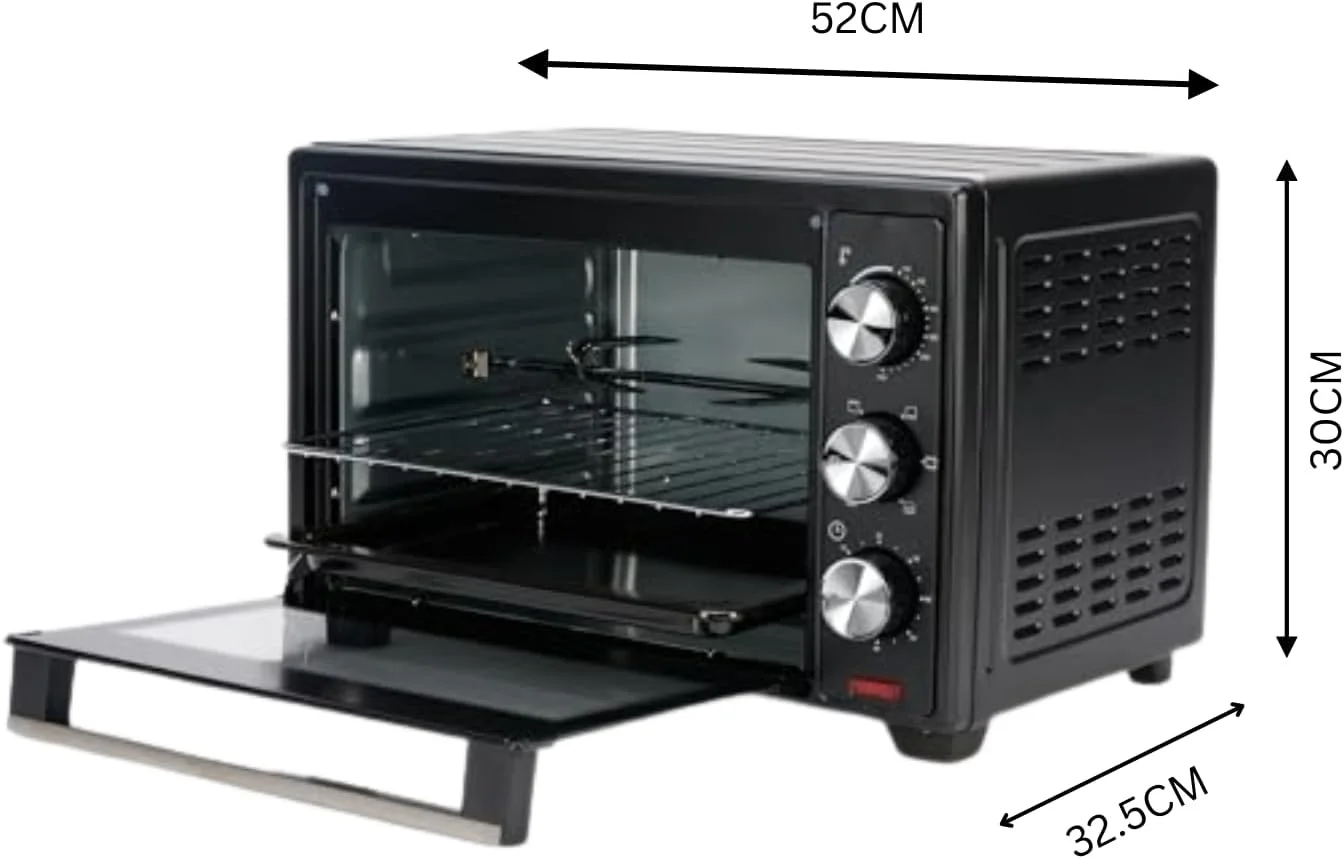 فر برقی توستر DOMEA، 25 لیتری، فر رومیزی با جوجه گردان | دارای سینی گریل و پخت، دمای قابل تنظیم | برای تست کردن، پخت، برشته کردن و گریل کردن، 1600 وات، مشکی