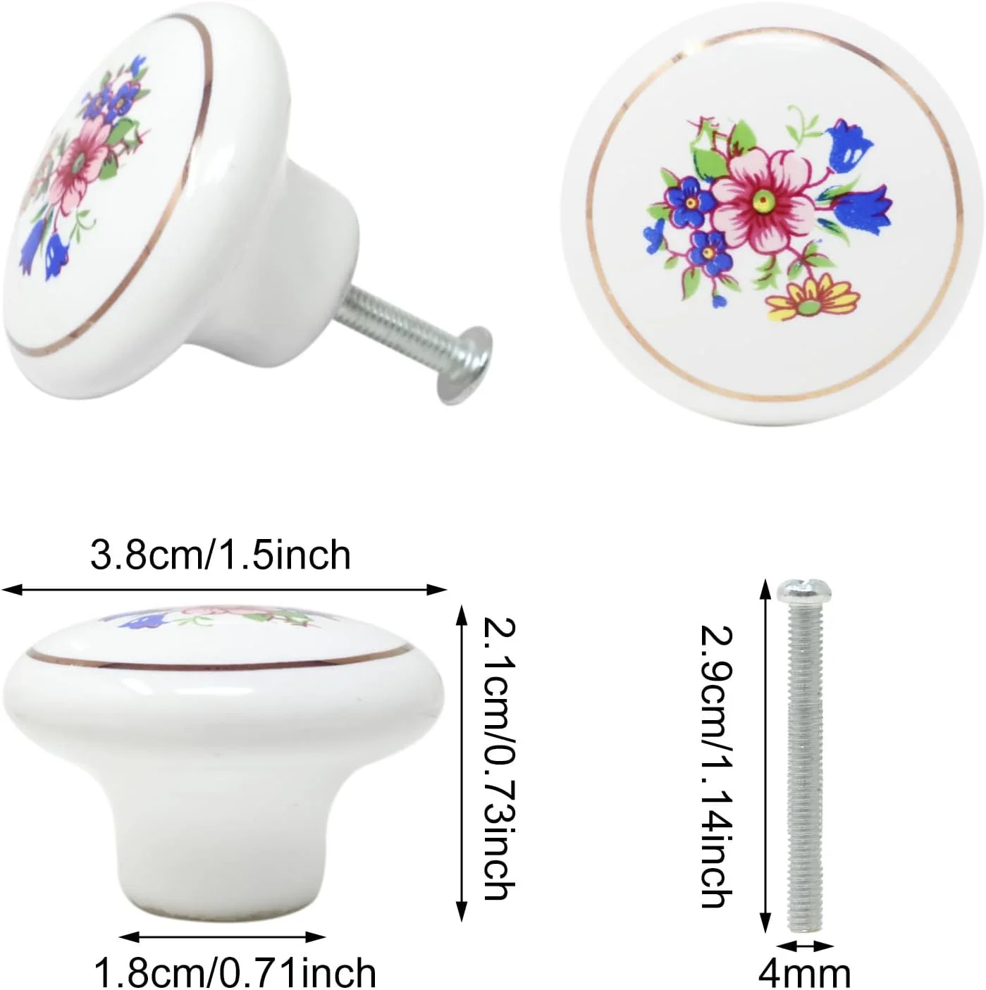 دستگیره سرامیکی طرح ارکیده، 6 عددی، 1-1/2 اینچ، مناسب کابینت آشپزخانه، کمد، کشو، درب، طرح قدیمی و کلاسیک