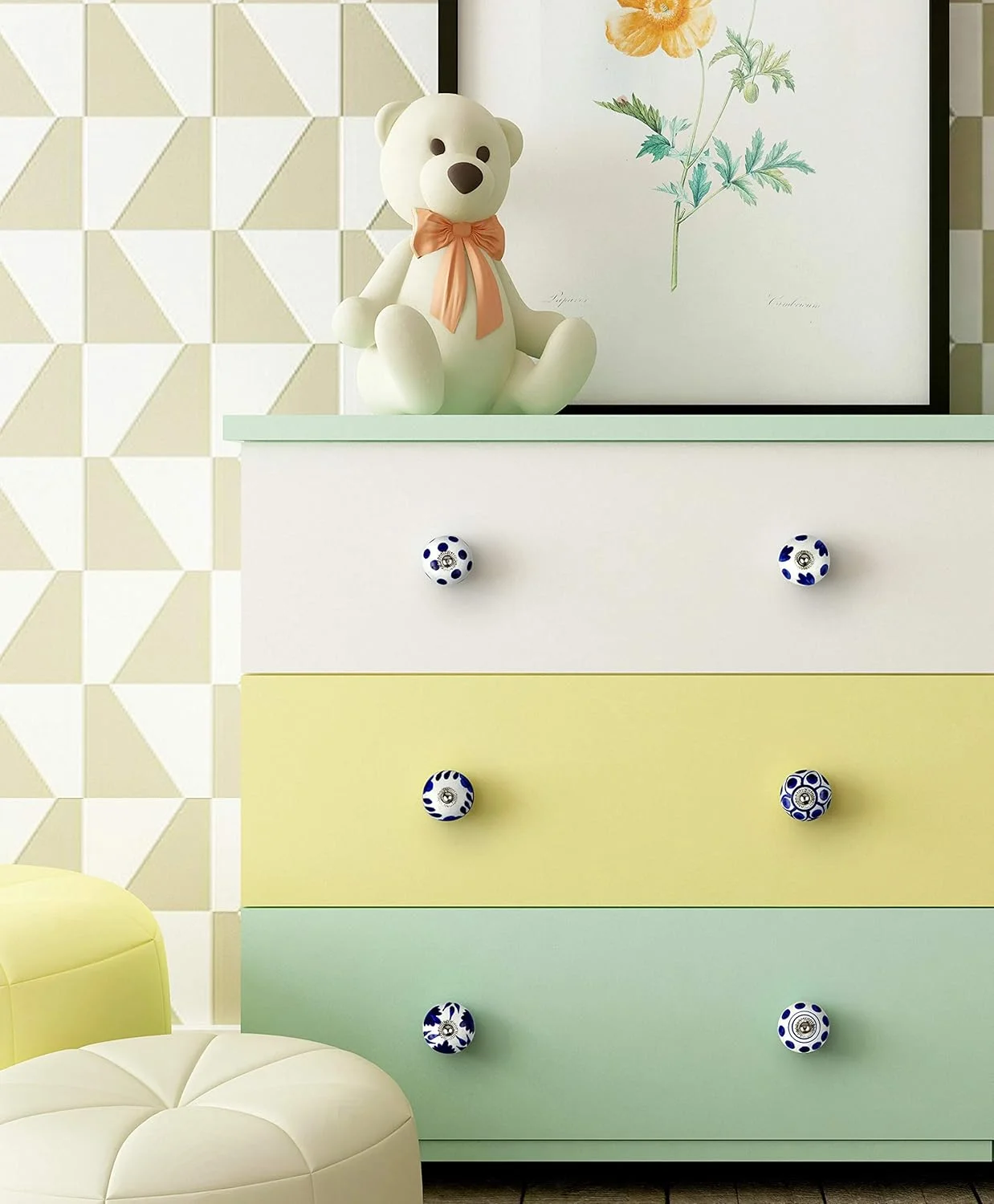 ست ۱۲ عددی دستگیره سرامیکی دست ساز | دستگیره کابینت سرامیکی با طراحی ۳ رنگ | کشو برای خانه، آشپزخانه، حمام یا دفتر کار | دستگیره کشو همراه با آچار، درپوش پیچ و پیچ و مهره های اضافی (آبی)