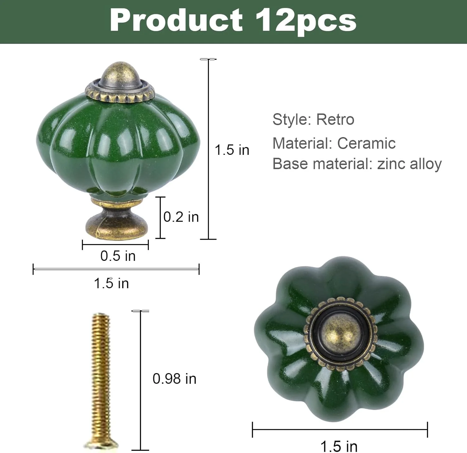 دستگیره سرامیکی هنریدا طرح کدو تنبل، 12 عددی، مناسب کمد و کشو، دستگیره کابینت، همراه با پیچ نصب، سبز