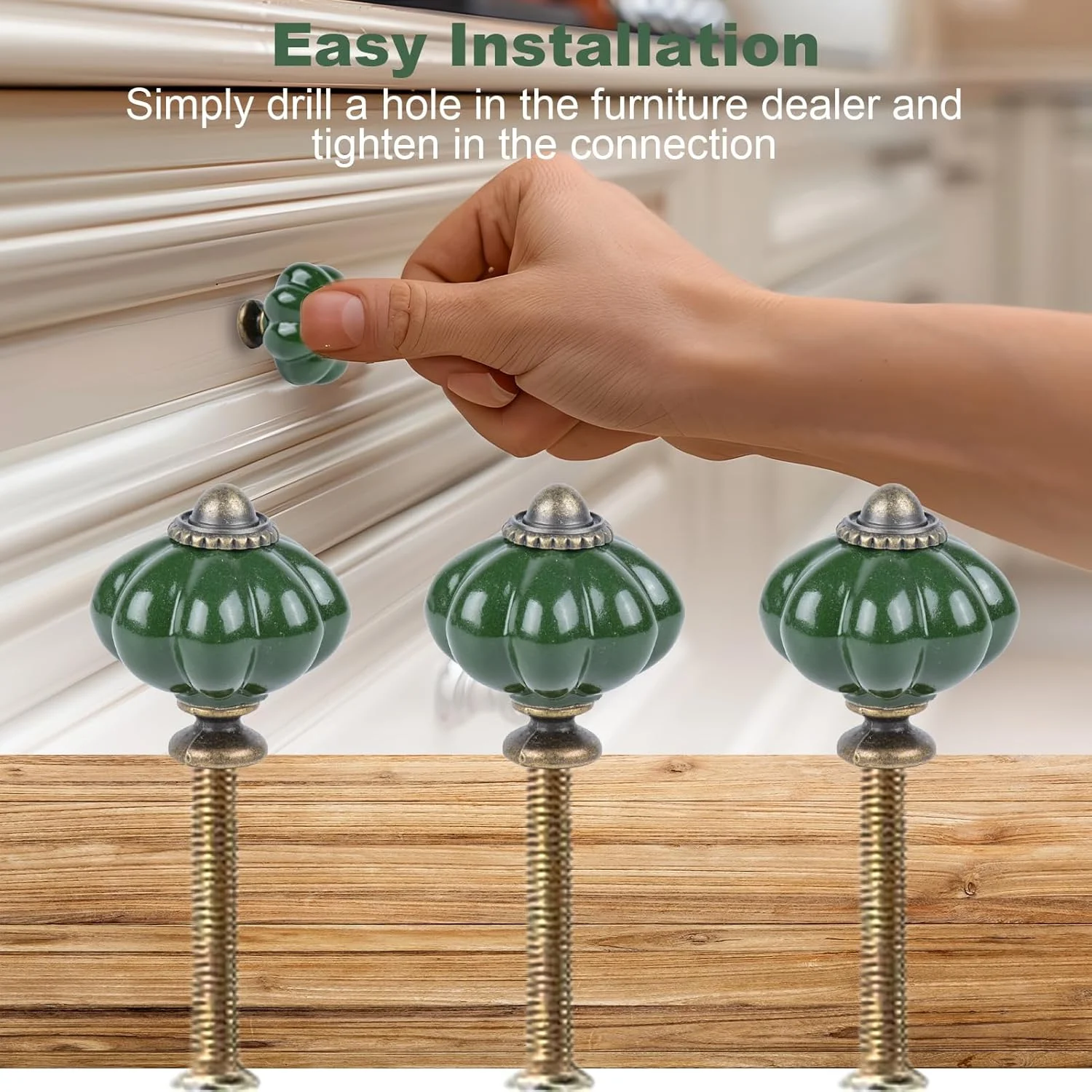 دستگیره سرامیکی هنریدا طرح کدو تنبل، 12 عددی، مناسب کمد و کشو، دستگیره کابینت، همراه با پیچ نصب، سبز