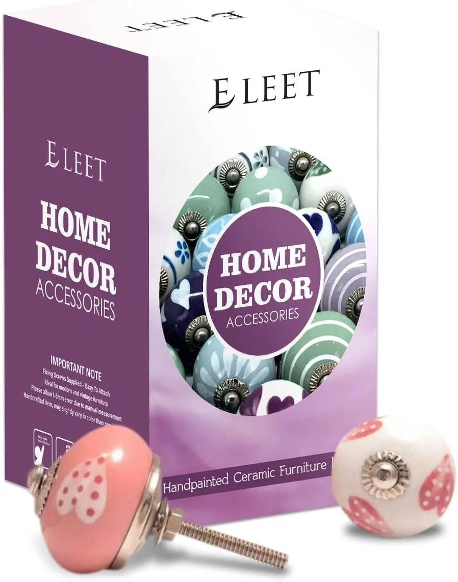 دستگیره سرامیکی متنوع کابینت Eleet - دستگیره های کروم درب و کشو کمد با طرح قدیمی (ست 20 عددی دستگیره سرامیکی، صورتی و سفید)