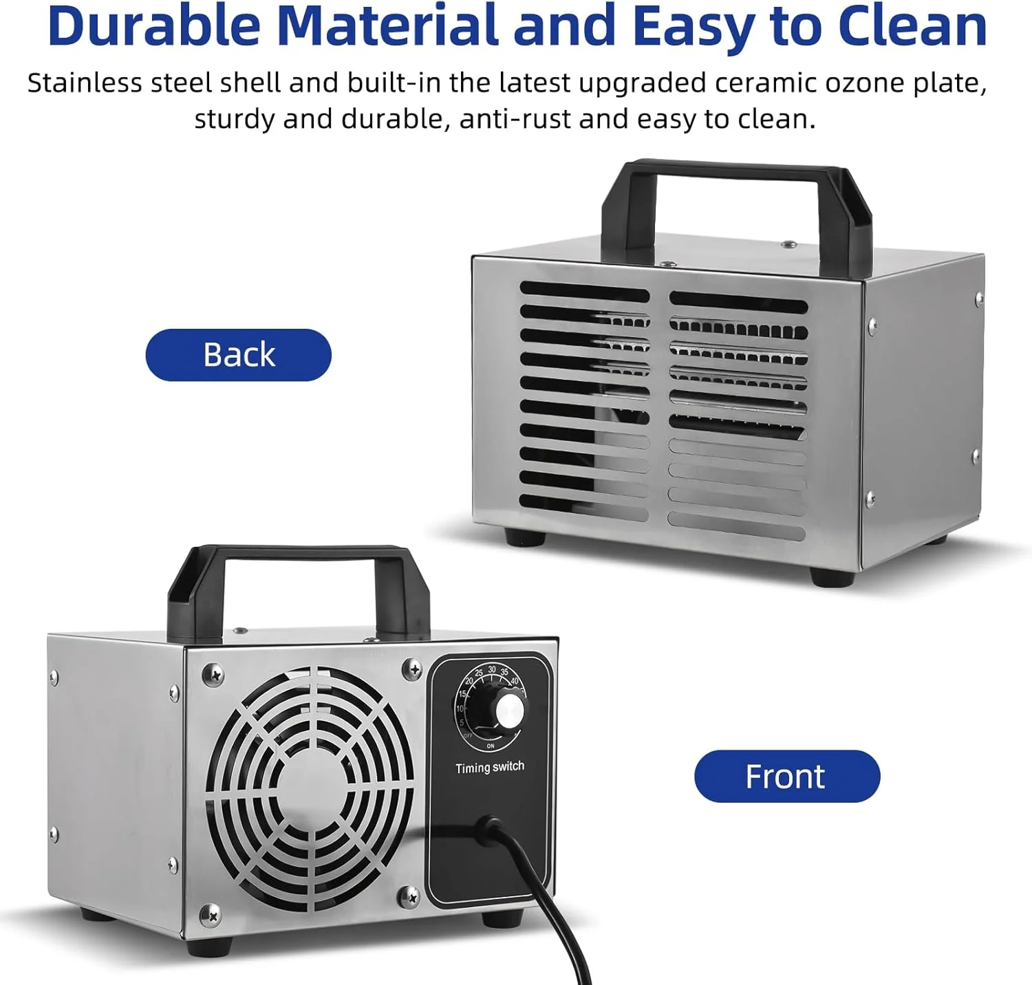 ژنراتور اوزون Pepisky با ظرفیت 60000 میلی گرم در ساعت، دستگاه اوزون ساز استیل ضد زنگ، یونیزه کننده حذف کننده بو، دستگاه تصفیه کننده اوزون برای خانه، خودرو، حیوانات خانگی با دستگیره قابل حمل و تایمر 0-60 دقیقه ای