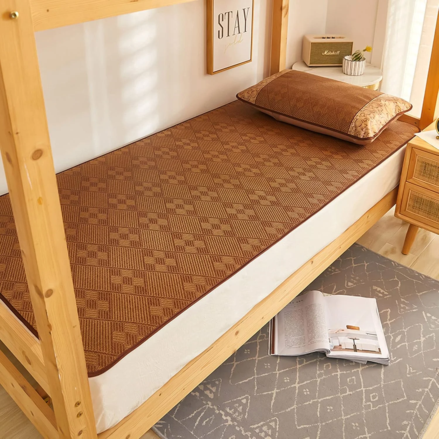 پد خنک کننده خواب تابستانی، تشک راتان طبیعی، حصیر بامبو، تشک خنک کننده، پتو تشک مستطیلی نرم خنک کننده تابستانی، ضد لغزش، ملحفه تابستانی برای تخت (طرح 1، 2.0 * 2.2 متر)