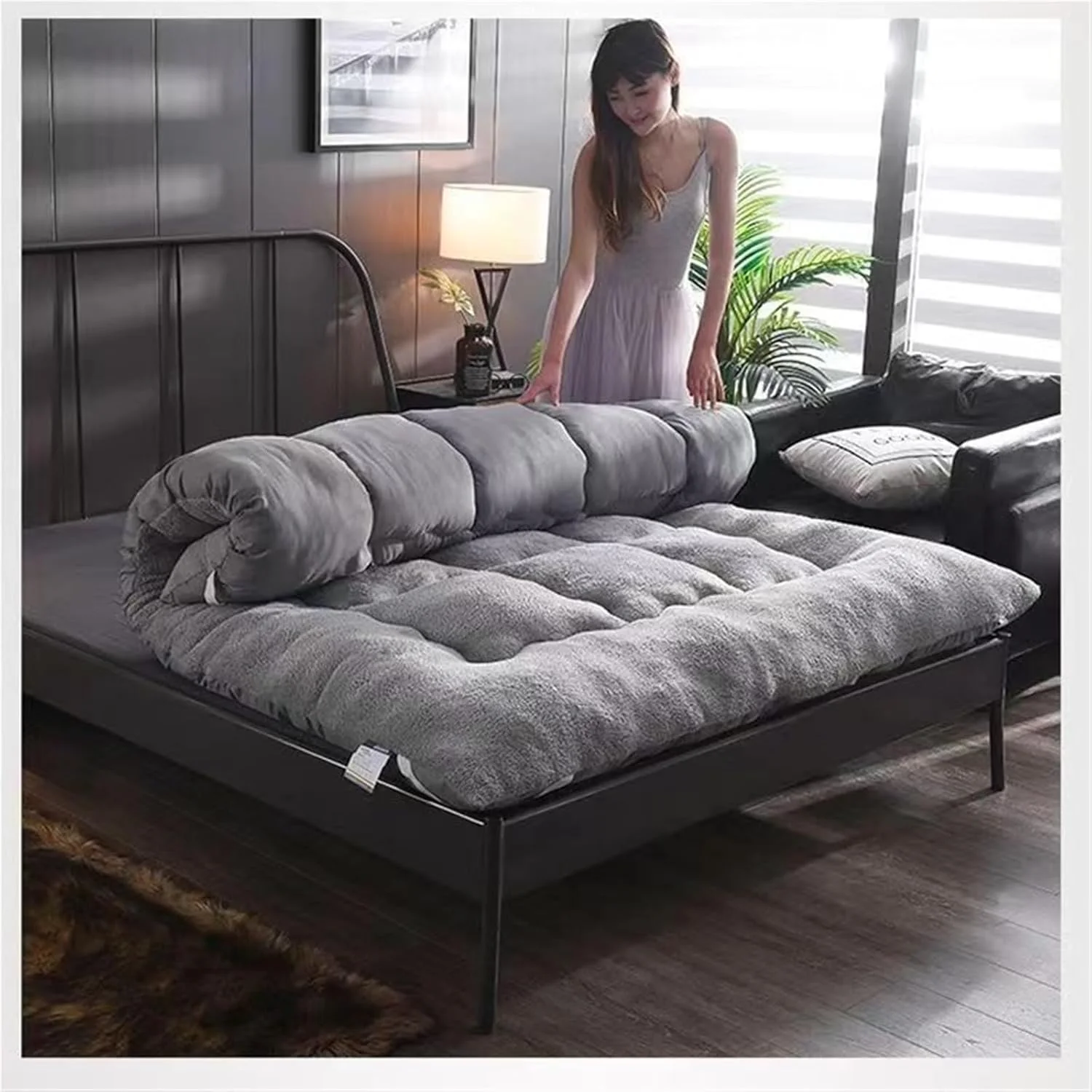 تشک سرد BREAUX، تشک مخملی تاشو جادویی، ملحفه نرم و گرم، پد تشک سه بعدی، لحاف کاری شده، تاتامی یک رنگ (سایز: 150x190cm)