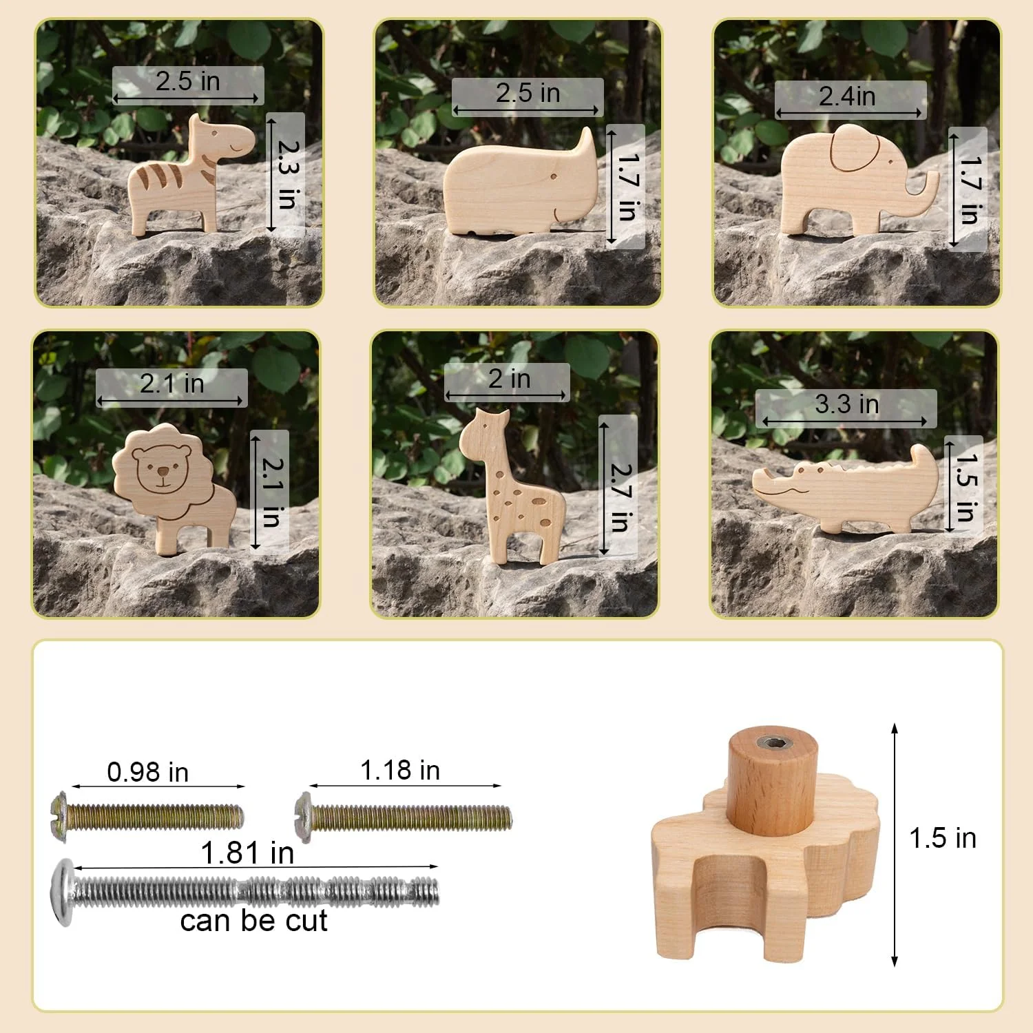 ری لیکار 6 عددی دستگیره های فانتزی چوبی طرح حیوانات مناسب اتاق کودک، کمد، کشو، دراور، کمد لباس و کابینت (سافاری-توسکا)