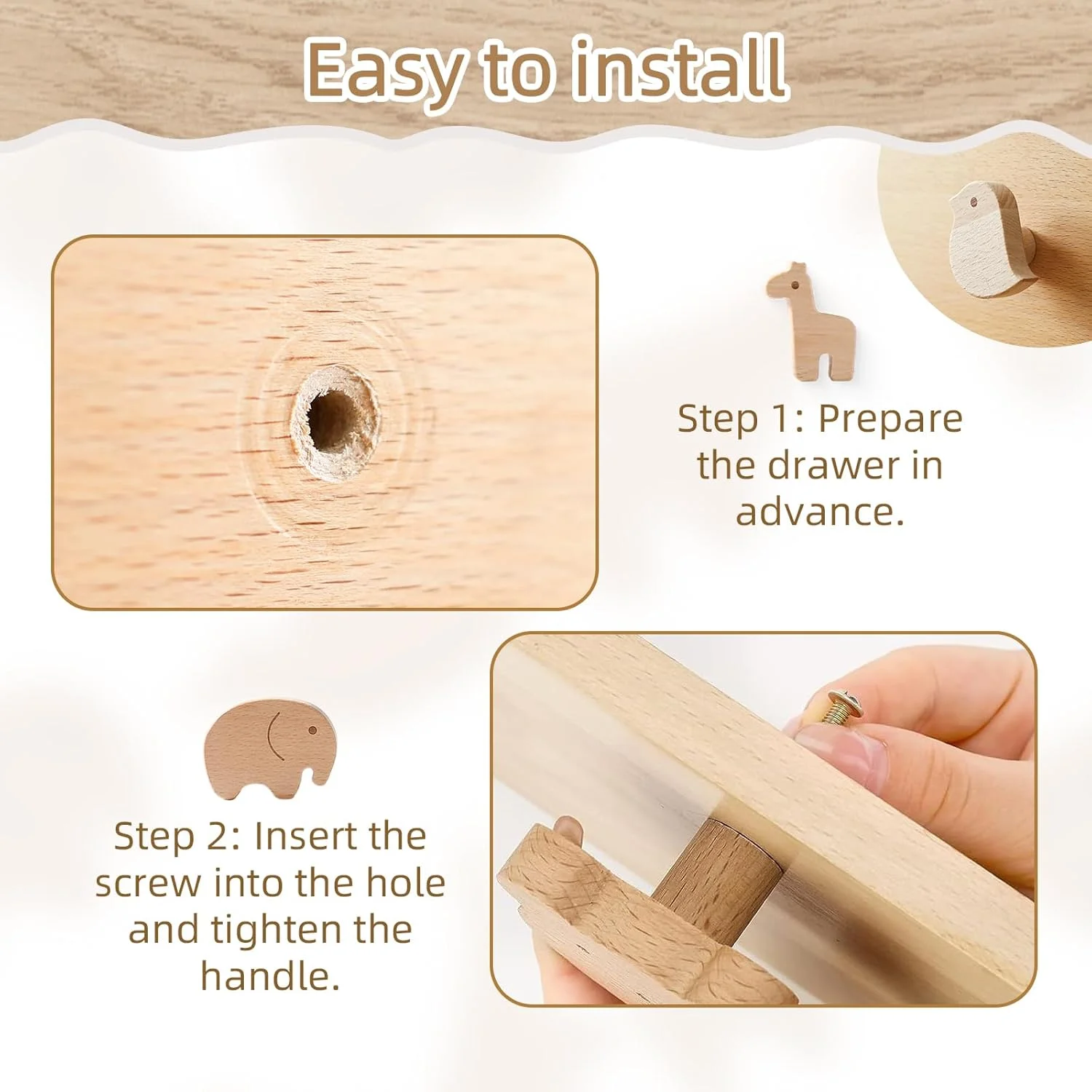 دستگیره چوبی کابینت OESSUF با پیچ، طرح حیوانات، مناسب اتاق کودک، دستگیره چوبی رنگ طبیعی برای کابینت اتاق کودک، 12 عددی