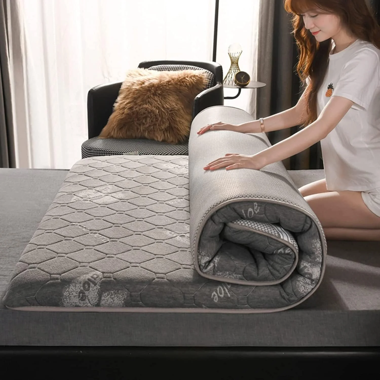 تشک ضخیم تخت خواب 5 بعدی YOODODO، تشک خواب بافتنی لاتکس طبیعی پنبه ای، تشک تاتامی، پد تشک فوتون تاشو (A، 150x200 سانتی متر / 59x79 اینچ)